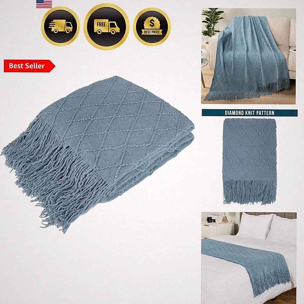 Dusty Blue Knit Throw Blanket for Couch Bed, Soft Knitted Farmhouse Sofa Thro...