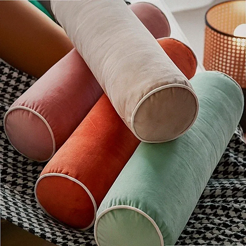Dutch Velvet Bolster Pillow Round Cylinder Decorative Cushion For Sofa Bed Couch
