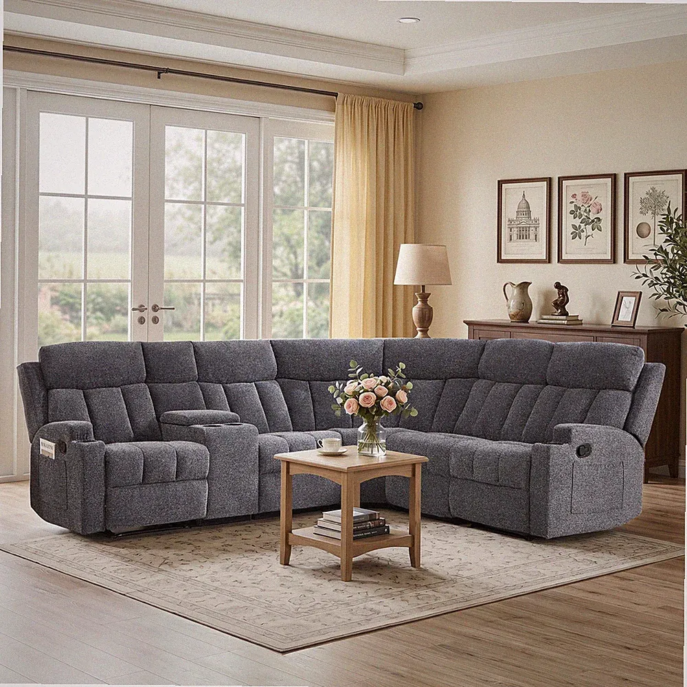 EBELLO Manual Recliner Sofa Set,Fabric L Shaped Reclining Sectional Corner Couch