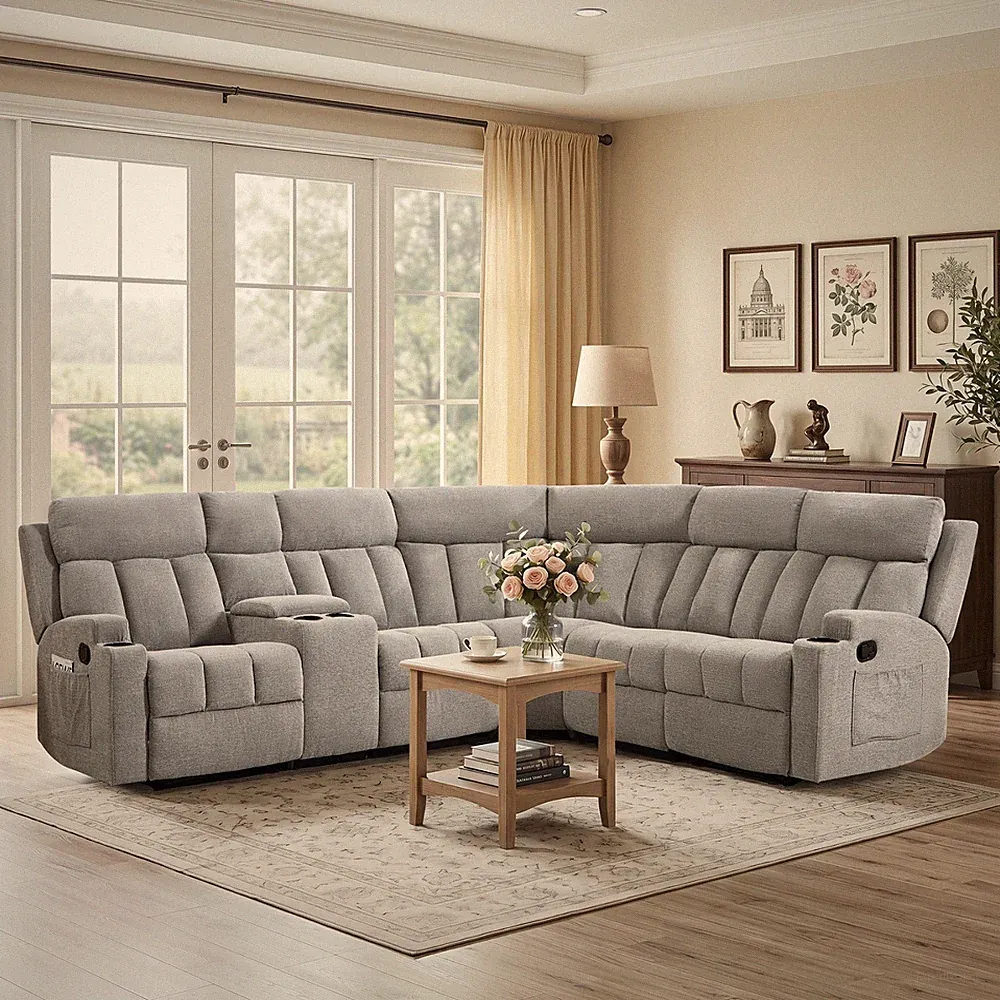 EBELLO Manual Recliner Sofa Set,Fabric L Shaped Reclining Sectional Corner Couch