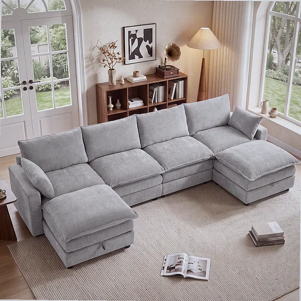EBELLO Modular Sectional Sofa,Comfy Chenille Cloud Couch with 2 Storage Ottomans