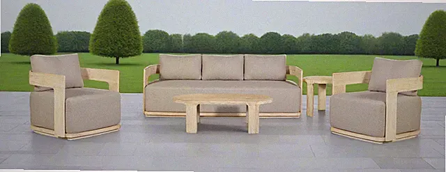 Eclipse Outdoor solid Teak Wood Sofa Set - Gray fabric Sofa + 2 Arm chairs + co