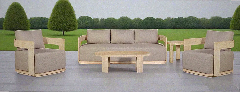 Eclipse Outdoor solid Teak Wood Sofa Set - Gray fabric Sofa + 2 Arm chairs + Co