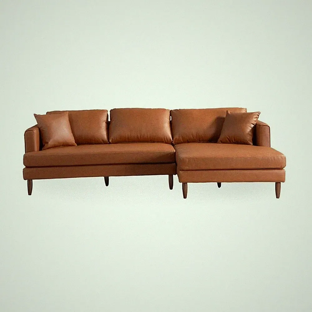 Edenton Mid-Century Modern Leather Right Facing Sectional Sofa in Cognac Tan