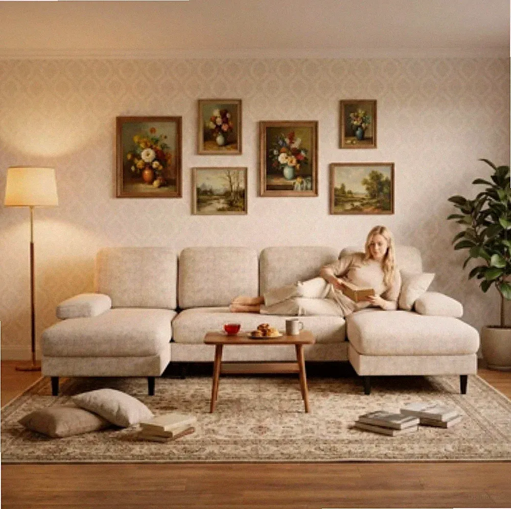 EDX 99" U-Shaped 6 Seat Sofa Couch Linen Fabric Sleeper Bed Living Room Beige