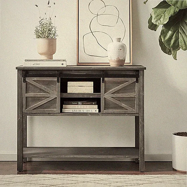 eHemco Antique Farmhouse Console Table, 2 Sliding Barn Doors (Collectible)