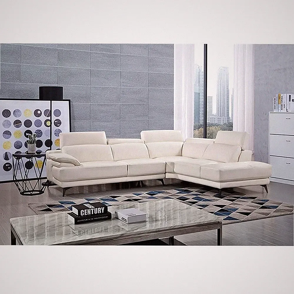 EK-L525L White Color With Top Grain Leather- Right Facing Chaise Sectional