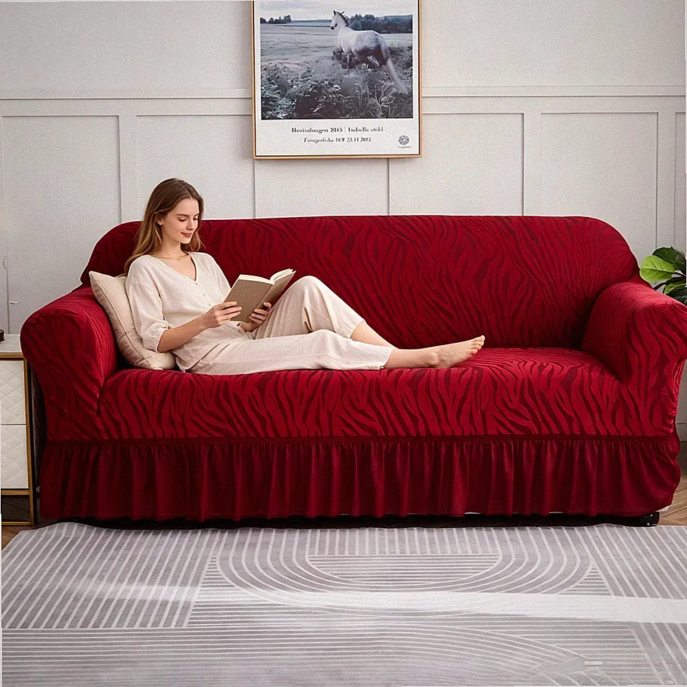 Elastic Sofa Cover w/ Skirt Full-Cover Jacquard Couch Slipcover 1/2/3/4 Seater