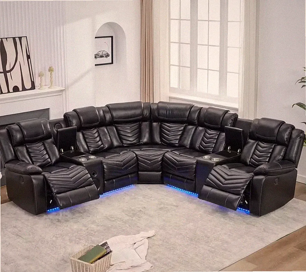 Electric Reclining Black Sectional Sofa LED Lights Speakers L-Shaped Couch
