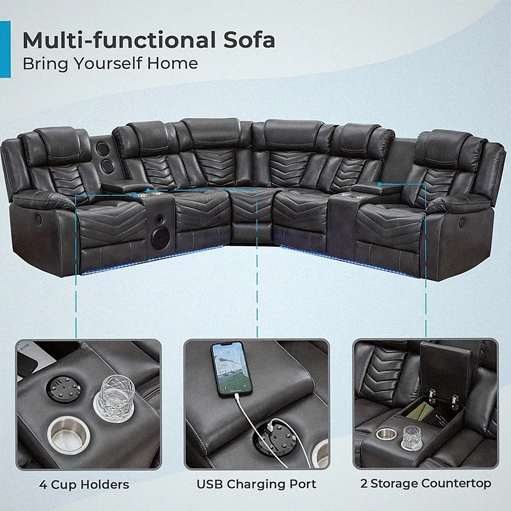 Electric Reclining Gray Sectional Sofa LED Lights Speakers L-Shaped Couch