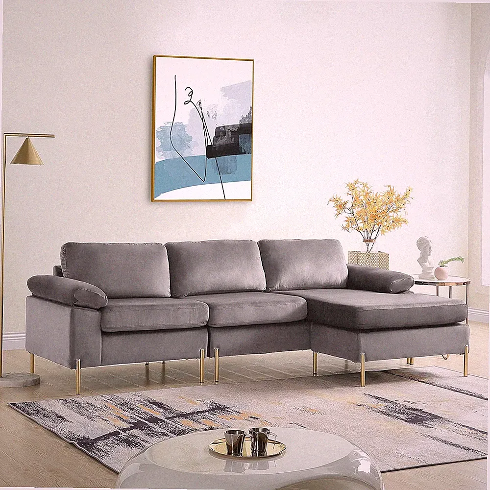Elegant 101" Velvet L-Shaped Sectional Sofa with Chaise - Gray