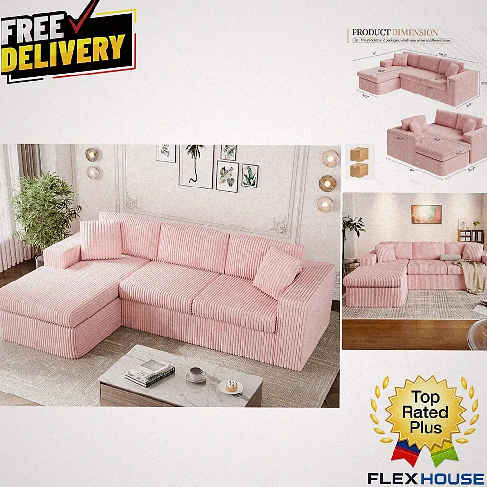 Elegant 105" Plush Corduroy Sectional Sofa Set – Comfortable L-Chaise Design