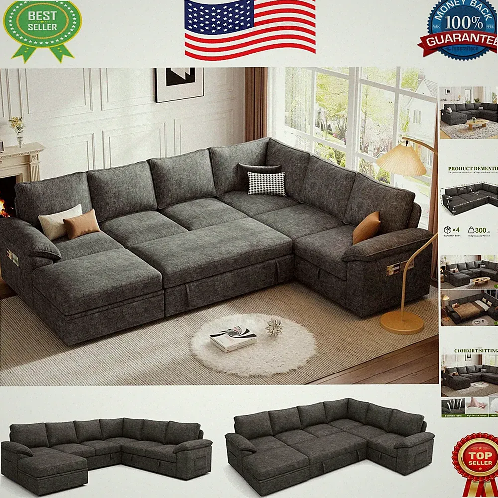 Elegant 108 Inch Modular Sectional Sleeper Sofa with Pull-Out Bed & Storage