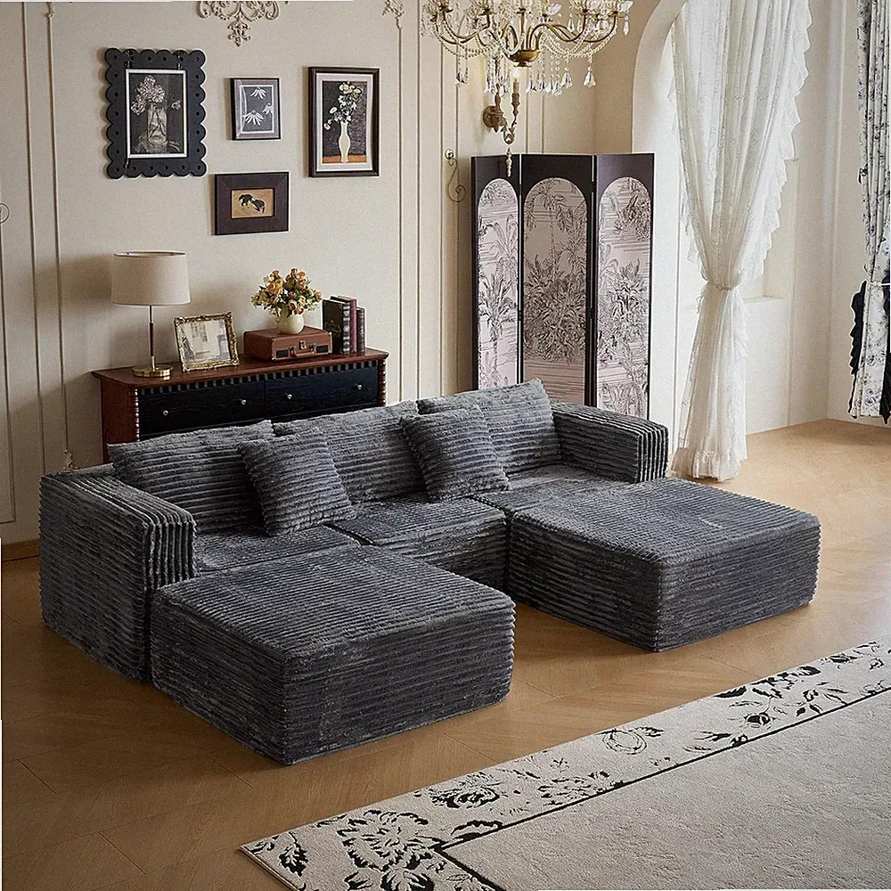 Elegant 110" Grey Corduroy Modular Sectional Couch with 2 Ottomans