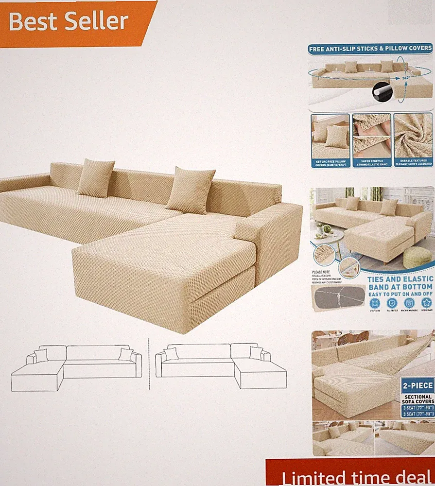 Elegant 2-Piece Stretch Slipcovers for L-Shape Sectional Sofas – Light Beige