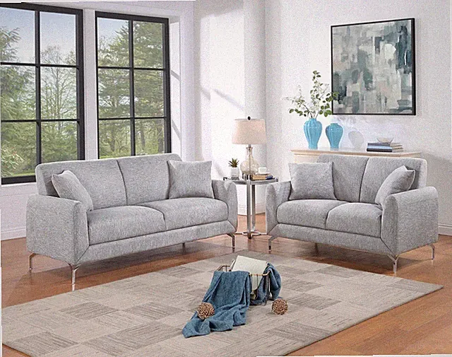 Elegant 2pc Sofa Set Light Gray Burlap Like Fabric Sofa Loveseat w Pillows Coz