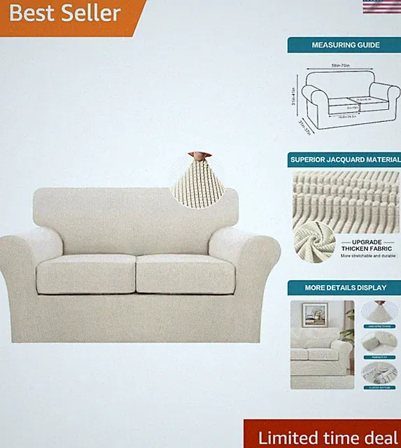 Elegant 3-Piece Loveseat Sofa Slipcover - Jacquard Durable Protection in Beige