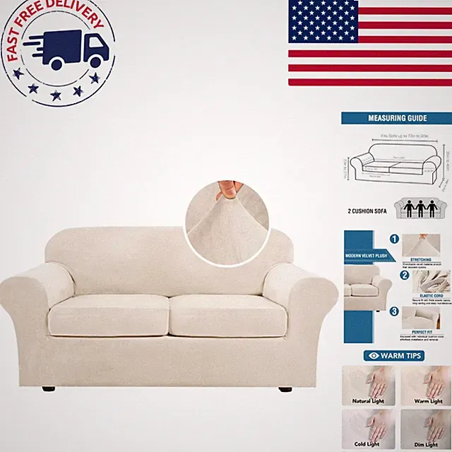 Elegant 3 Piece Velvet Plush Sofa Covers for 2 Cushion Sofas, Cream Elegance