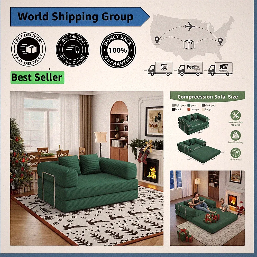 Elegant 4-in-1 Convertible Corduroy Sofa Bed for Small Spaces - 53.15" Double