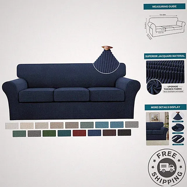 Elegant 4-Piece Navy Sofa Slipcover Set - Durable Jacquard Fabric for 3 Cushions