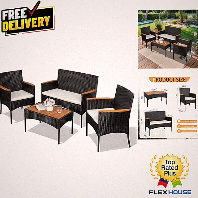 Elegant 4-Piece Outdoor Wicker Furniture Set with Cushions & Coffee Table