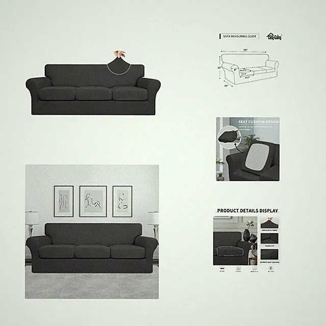 Elegant 4-Piece Stretch Sofa Slipcover for Dogs - Anti-Slip Dark Gray Cover