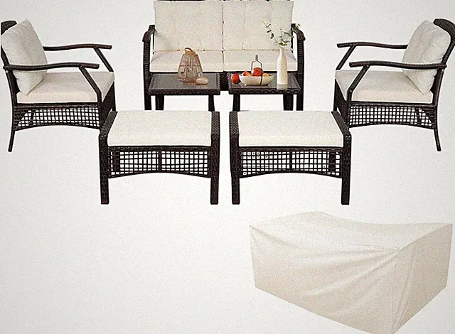 Elegant 7-Piece Rattan Outdoor Furniture Set with Cushions & Cover