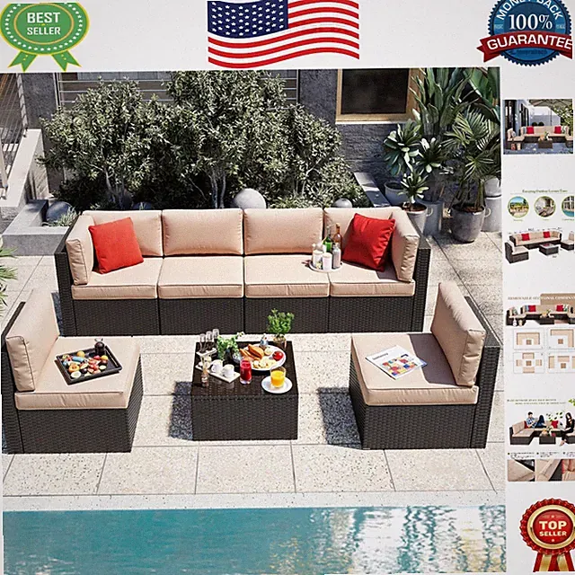 Elegant 7 Piece Rattan Sectional Sofa Set with Glass Coffee Table for Outdoors