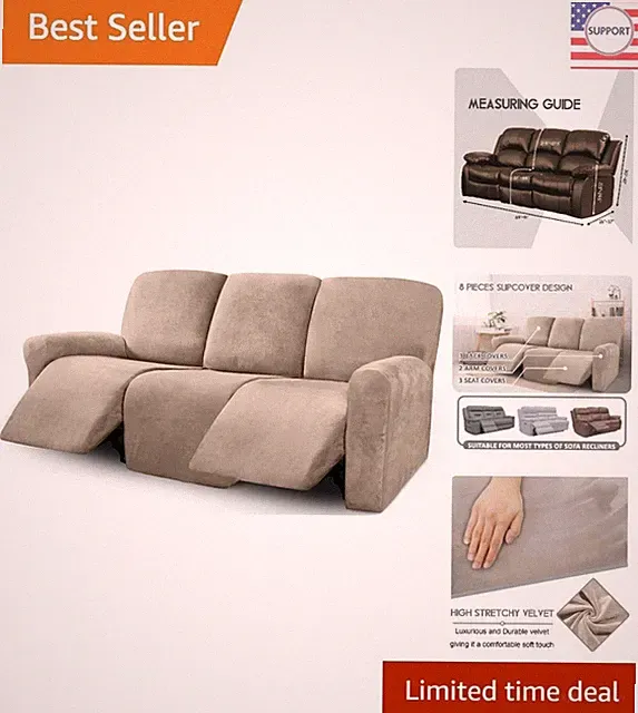 Elegant 8-Piece Machine Washable Velvet Recliner Sofa Slipcovers in Taupe