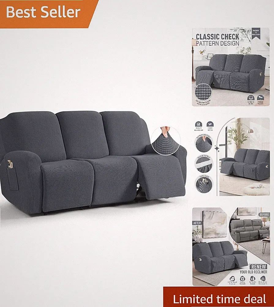 Elegant 8-Piece Stretch Recliner Sofa Covers - Grey Jacquard for Kids & Pets