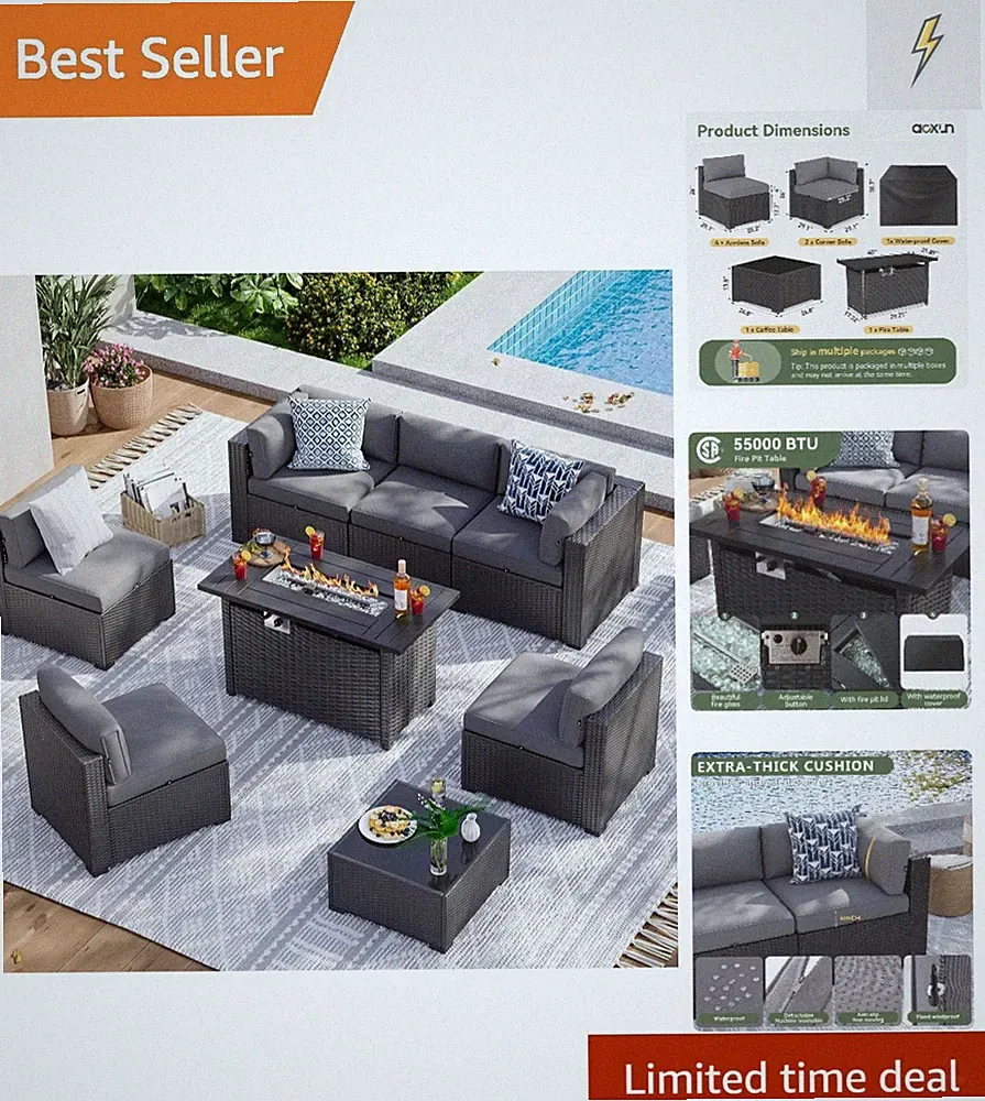 Elegant 8-Piece Wicker Rattan Sectional Set with Fire Pit for Outdoor Relaxation