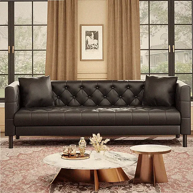 Elegant 81'' Black Leather Chesterfield Couch with Plush Backrest & Deep Seat