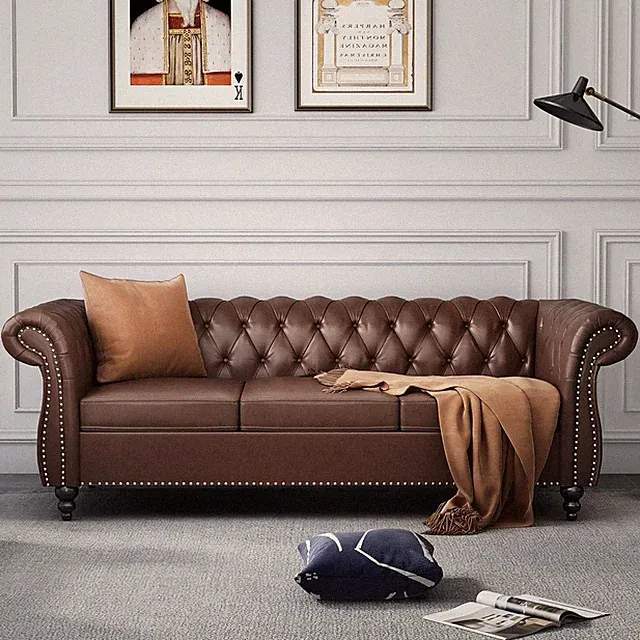 Elegant 84" Brown PU Leather Chesterfield 3-Seater Sofa with Tufted Back