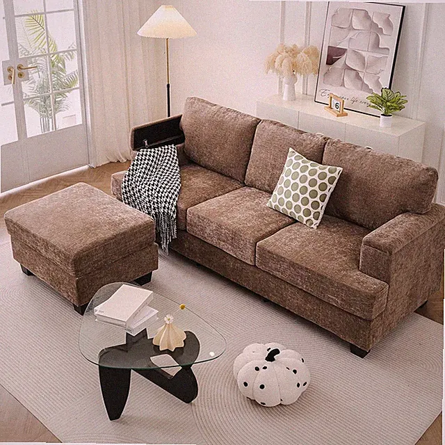 Elegant 85'' L-Shaped Chenille Couch with Ottoman & Organizer in Brown