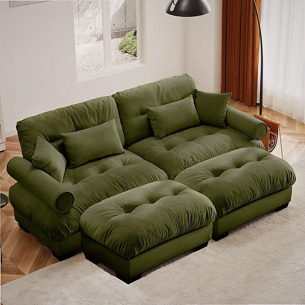 Elegant 94" Green Velvet Modular Sectional Sofa with Movable Ottoman