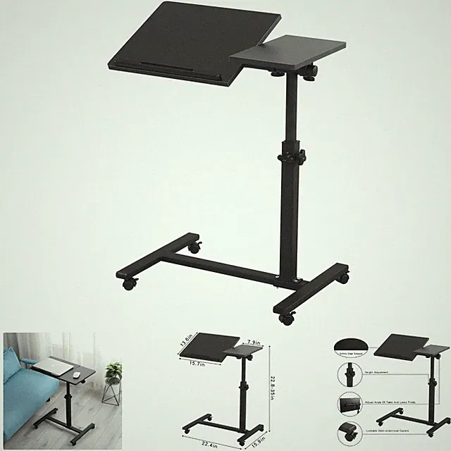 Elegant Adjustable Overbed Desk with Rolling Wheels – Laptop Stand in Black