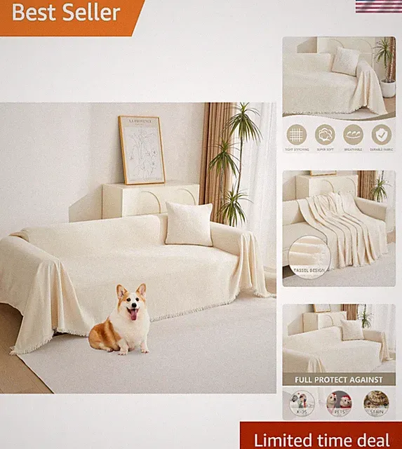Elegant Beige Chenille Sofa Cover, Perfect for Pets with Tassel Edge, 71"x118"
