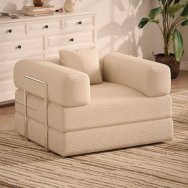 Elegant Beige Corduroy Sofa Bed with Pillow: Ideal for Reading or Hosting Guests