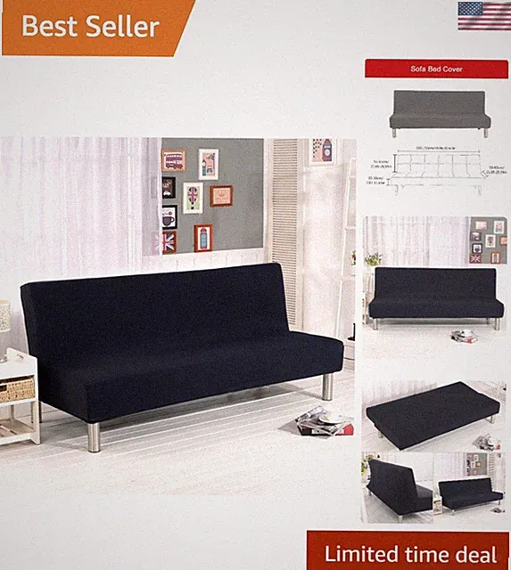 Elegant Black Armless Sofa Bed Cover - Durable Stretch Slipcover for 3-Seater