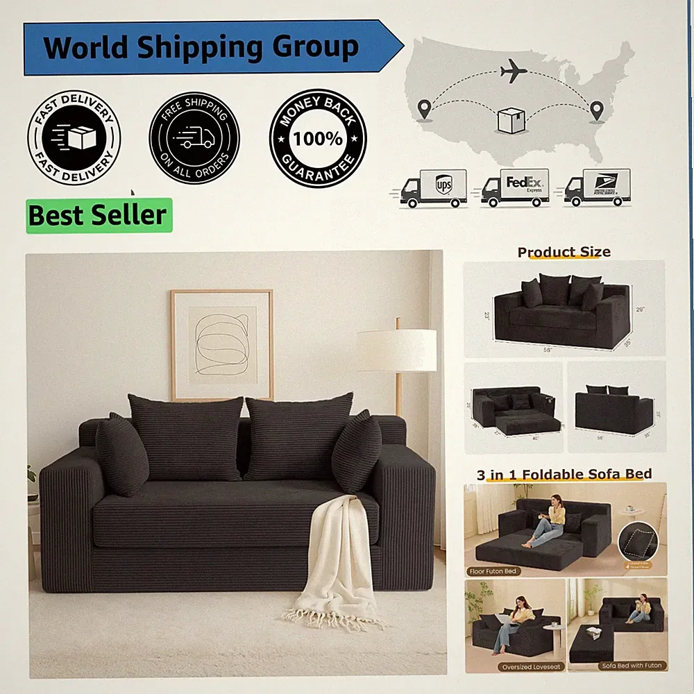 Elegant Black Futon Sofa Bed with High-Density Foam - Quick Setup & Easy Care