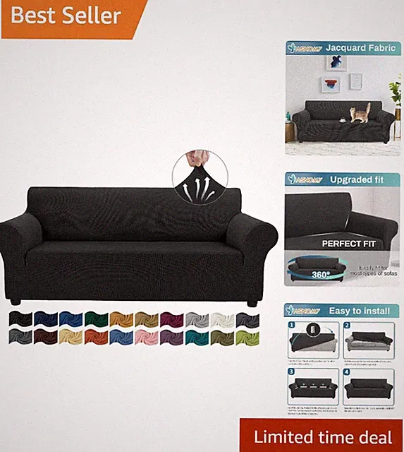 Elegant Black Stretch Sofa Cover for 3 Cushion Couch - Washable & Pet-Friendly