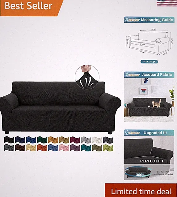 Elegant Black Stretch Sofa Cover for 3 Cushion Couches - Machine Washable