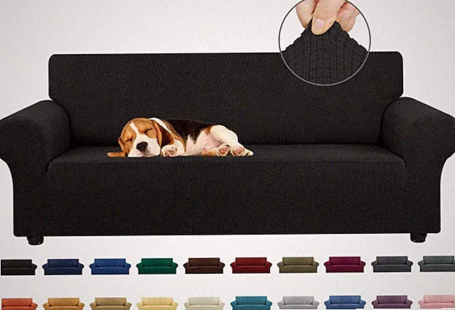Elegant Black Stretch Sofa Cover for 3 Cushion Couches - Pet Friendly & Durable