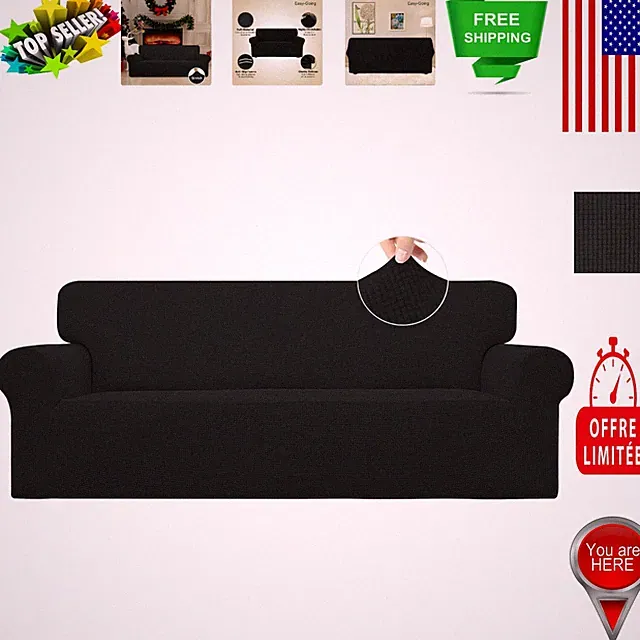 Elegant Black Stretch Sofa Slipcover - 1-Piece Jacquard Fabric for Protection