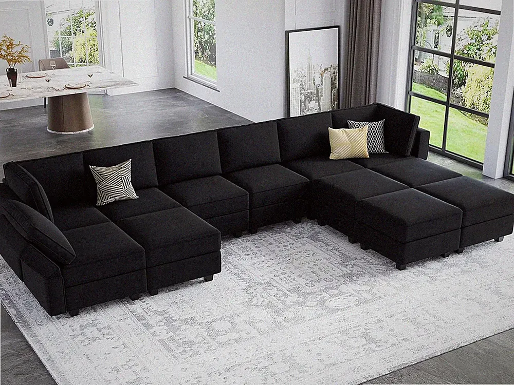 Elegant Black Velvet U-Shaped Modular Sectional Sofa with Storage & Chaises