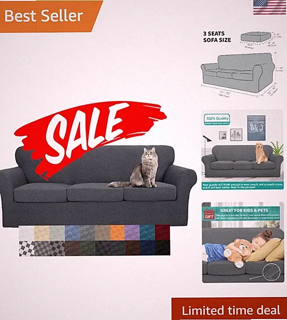 Elegant Checkered 4-Piece Couch Covers for 3 Cushion Sofa, Dark Gray Protector
