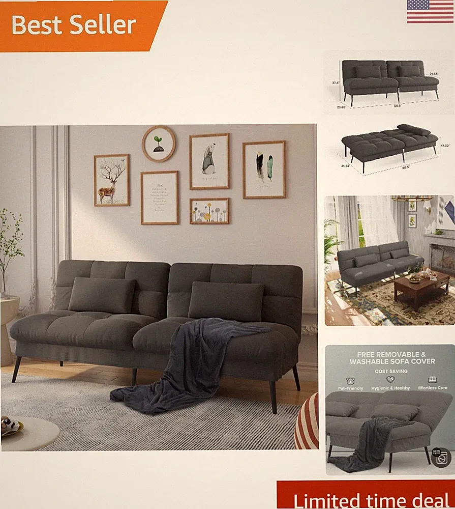 Elegant Convertible Sofa Bed - 72" Adjustable Backrest Loveseat Sleeper in Black