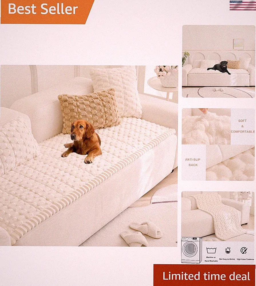 Elegant Couch Protector for Pets: Cream Washable Cover with Anti-Slip Backing