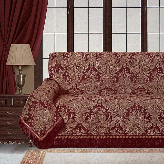 Elegant Damask Sofa Cover with Lace & Tassels, Pet-Friendly (Wine Red, 71x118)