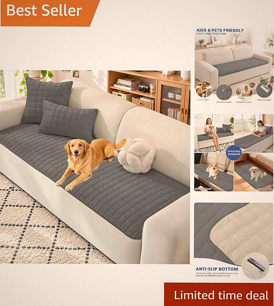 Elegant Dark Gray Non-Slip Couch Cover for Pets - Washable & Scratch Resistant
